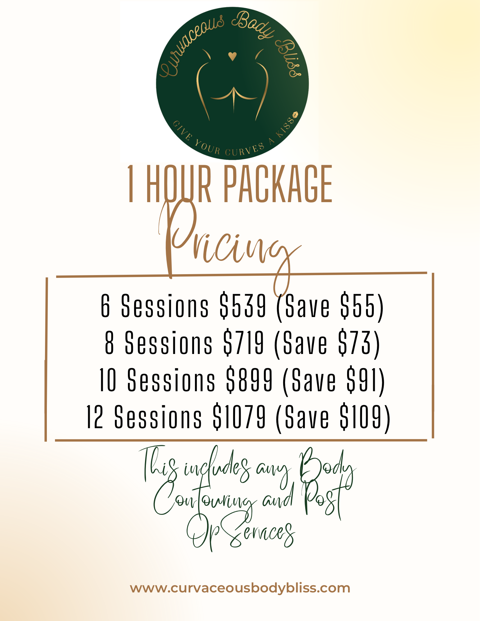 PACKAGE (6) 1 Hour Sessions (Body Contouring or post op) SAVE $55
